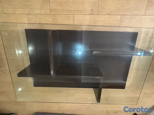 muebles y colchones - Mesa de centro moderna con tope de cristal – Base geométrica café oscuro
 6