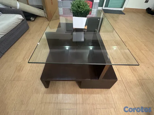 muebles y colchones - Mesa de centro moderna con tope de cristal – Base geométrica café oscuro
 4