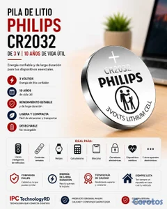 PILA DE LITIO PHILIPS CR2032 DE 3 V, 10 AÑOS DE VI