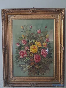 Cuadro floral al óleo sobre lienzo, 