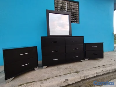 Gavetero con espejo y mesa de noche negro 