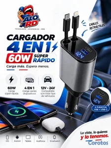 CARGADOR PARA VEHÍCULO 4 EN 1 – 60W SÚPER RÁPIDO