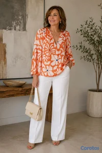 Blusa flores naranja y blanco