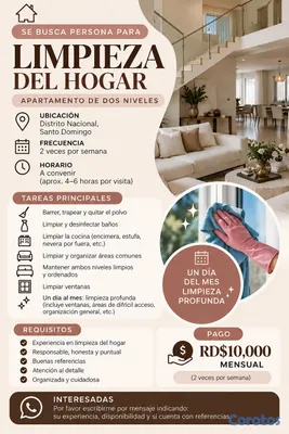 servicios profesionales - Se busca persona para limpieza de apartamento – RD$10,000 mensual 2