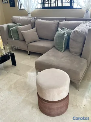 muebles y colchones - Sofá esquinero  gris con taburete y cojines 6