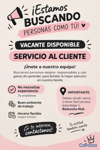 Vacante de Servicio al cliente en tienda (Por favor lea la descripción)