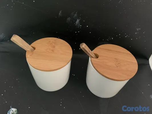cocina - Dúo de envase de cerámica con tapa y cuchara de bambú 3