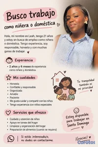 Busco trabajo como niñera o doméstica.