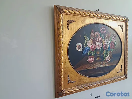 arte y antigüedades - Cuadro floral al óleo sobre tabla, 2