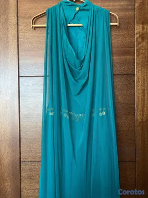 ropa para mujer - Vestido largo color verde esmeralda con detalles dorados 7