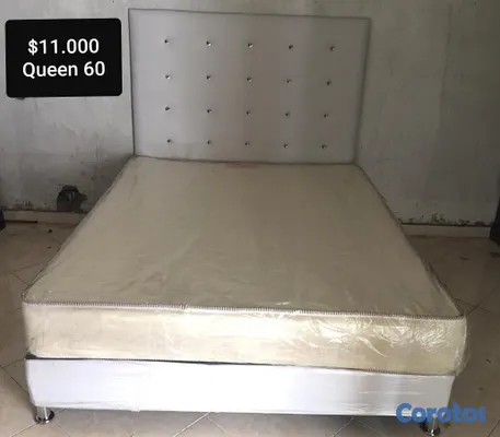 muebles y colchones - Cama Queen 60 Tapizada Nueva Negro Blanco y Gris  2