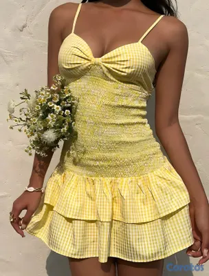 ropa para mujer - Vestido corto amarillo estilo vichy con lazo Talla M
 7