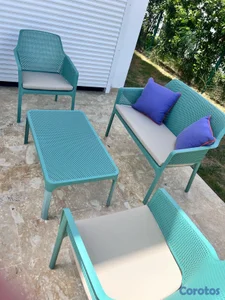 Juego de patio exterior – sofá, 2 sillones, mesa y cojines