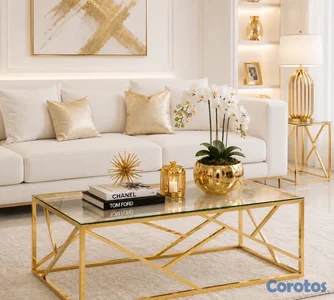 Mesa de centro dorada
Material: base acero inoxidable y tope de cristal 