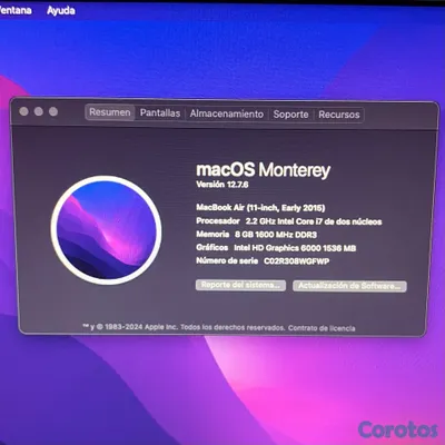 computadoras y laptops - Macbook Air, 11 pulgadas, 2015, i7, 8GB Ram, 512GB 7