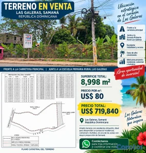 TERRENO EN VENTA – LAS GALERAS, SAMANÁ  FRENTE A L