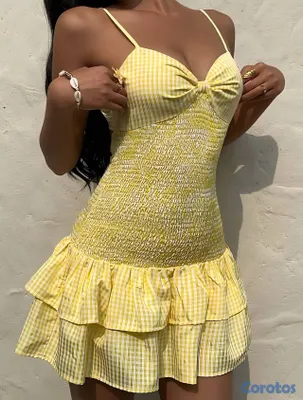 ropa para mujer - Vestido corto amarillo estilo vichy con lazo Talla M
 9