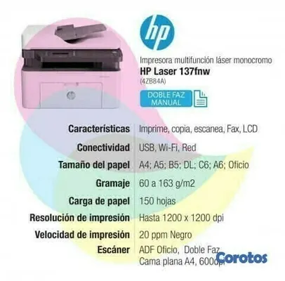 impresoras y scanners - MULTIFUNCIONAL LASER HP BLANCO Y NEGRO MFP M137FNW IMPRESOR,ESCANER,COPIA, WI-FI 3