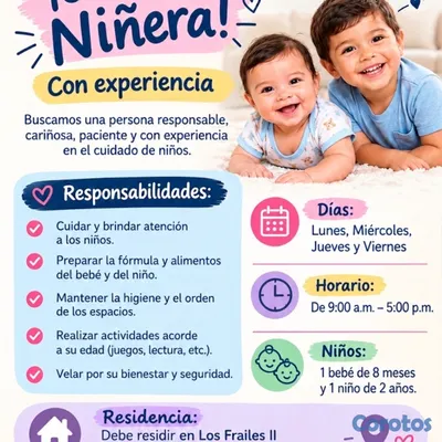 empleos disponibles - se solicita niñera preferible con experiencia para cuidar 2 niños en los frailes 3