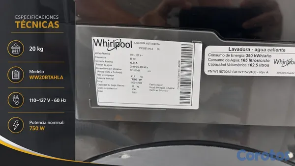 electrodomesticos - Lavadora Whirlpool 20 KG Automática Xpert Eco 8