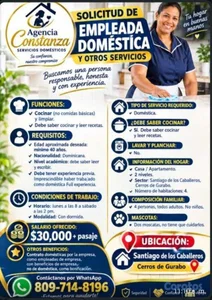 AGENCIA SOLICITA DOMÉSTICAS COMPLETAS Y NIÑERAS CO