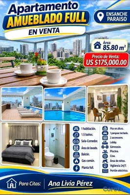 apartamentos - Apartamento AMUEBLADO FULL en VENTA - PARAISO 15