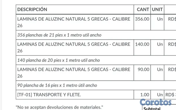 equipos profesionales - VENDO LAMINAS DE ALUZINC NATURAL 5GRECAS - CALIBRE 26, ESTAN EN PUNTA CANA 2