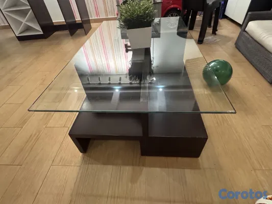 muebles y colchones - Mesa de centro moderna con tope de cristal – Base geométrica café oscuro
 5