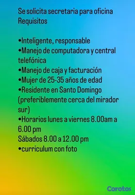 empleos disponibles - Solicito secretaria Santo Domingo este 3