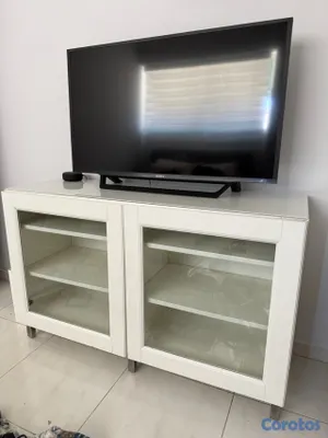 muebles y colchones - Gabinete Mueble Blanco TV con Puertas de Cristal y Tope de Vidrio 3