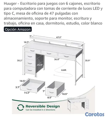 decoración y accesorios - Escritorio para computadora con 6 cajones con toma corriente y luces led 2