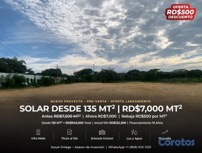 SOLAR 135 MT2 EN VILLA MELLA - RD$7,000 MT2 | Con 