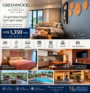 Apartamento amueblado en Cap Cana / 1 hab. / US$1350