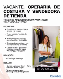 Vacante vendedora y operaria costura en Villa Olga, Santiago
