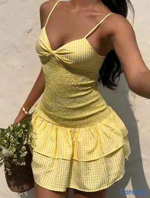 ropa para mujer - Vestido corto amarillo estilo vichy con lazo Talla M
 5