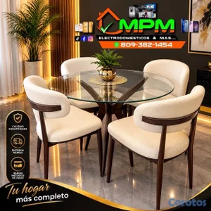Juego de comedor minimalista 4 sillas - mesa tope cristal redondo - tapizado 