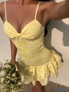 ropa para mujer - Vestido corto amarillo estilo vichy con lazo Talla M
