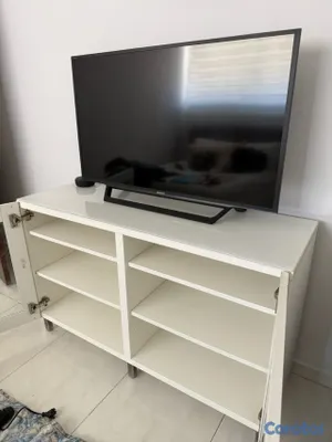 muebles y colchones - Gabinete Mueble Blanco TV con Puertas de Cristal y Tope de Vidrio 5