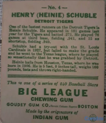 hobby y coleccion - Tarjeta original 1933 Goudey #4 – Heinie Schuble (Detroit Tigers) 2