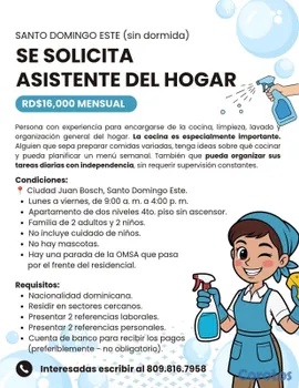 empleos disponibles - Doméstica sin dormida - Ciudad Juan Bosch (aún disponible)