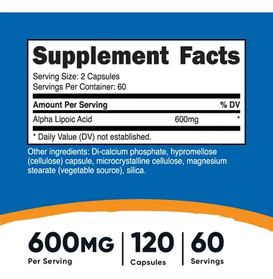 Salud y Equipamiento Médico - Acido Alfa Lipoico 600mg Por Porcion 120 Capsulas-nutricost 2