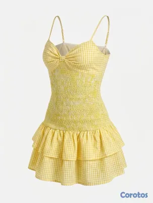 ropa para mujer - Vestido corto amarillo estilo vichy con lazo Talla M
 3