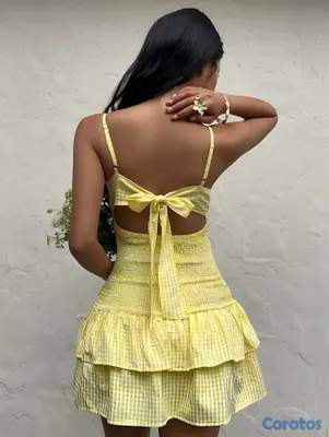 ropa para mujer - Vestido corto amarillo estilo vichy con lazo Talla M
 2