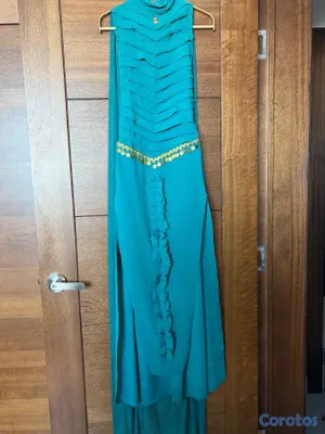 ropa para mujer - Vestido largo color verde esmeralda con detalles dorados 3
