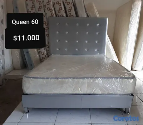 muebles y colchones - Cama Queen 60 Tapizada Nueva Negro Blanco y Gris  3