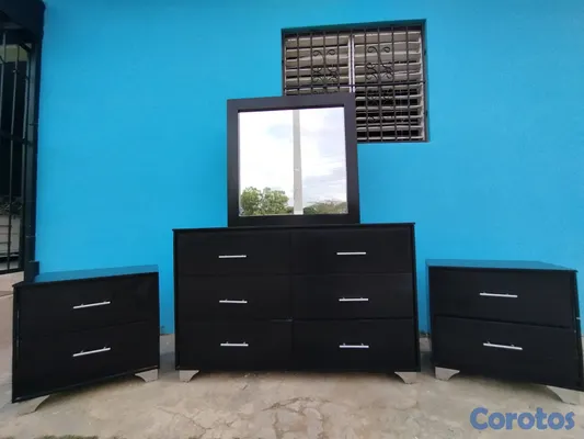 muebles y colchones - Gavetero con espejo y mesa de noche negro  6