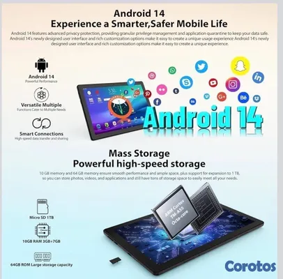 celulares y tabletas - Tablet 10” Android14,Octa-Core, 10GB RAM, 64GB ROM, 1TB Expandable, 1280x800 IPS 3